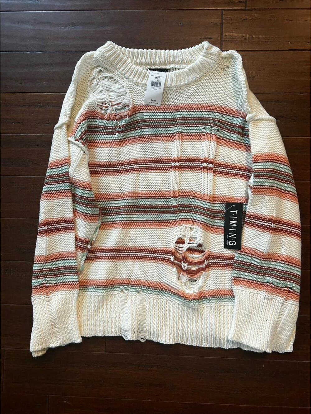 TIMING Cream Mauve US Striped Crew Neck Sweater, Small